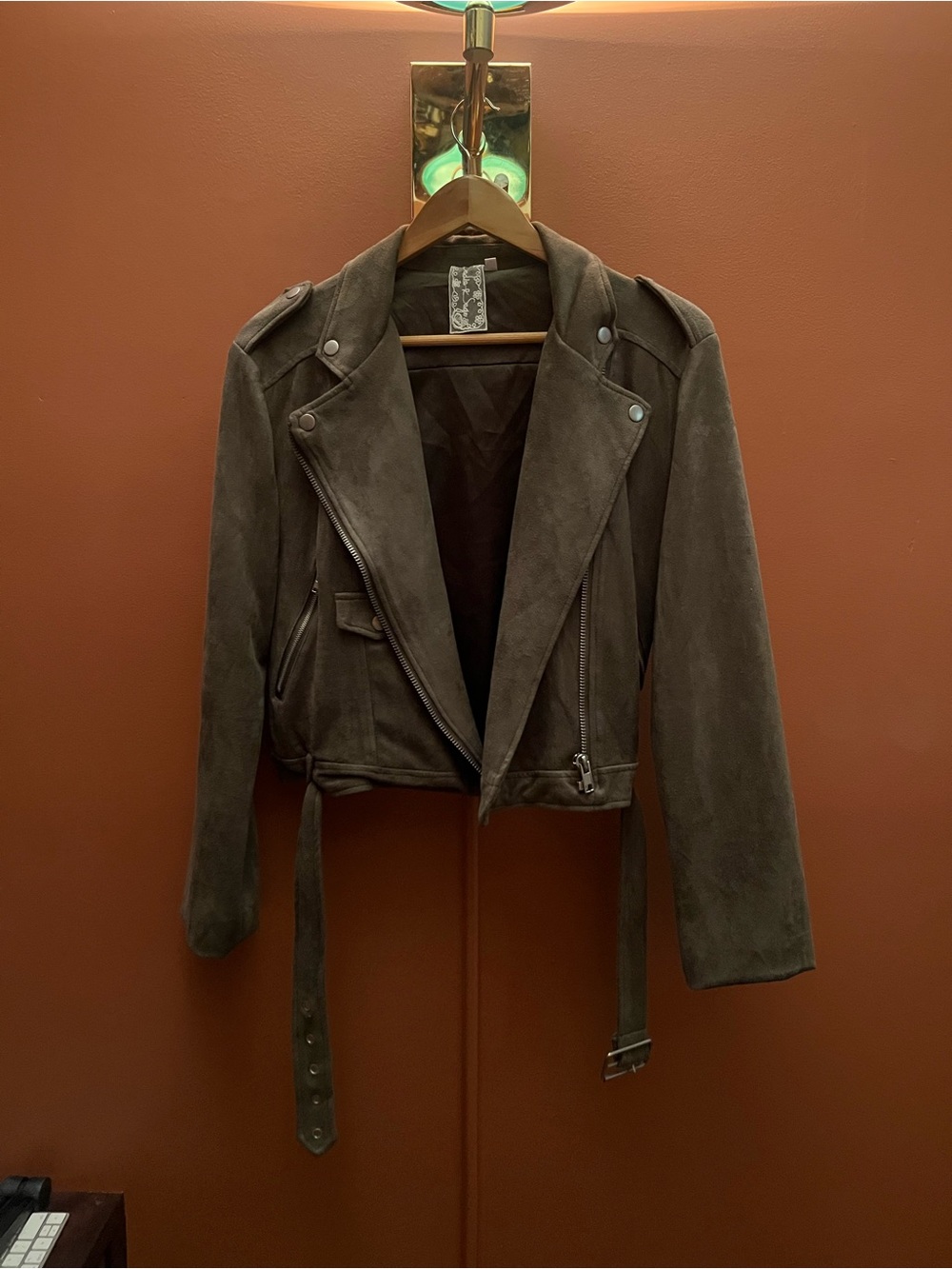 Free People Faux Suede Moto Jacket in Olive Green